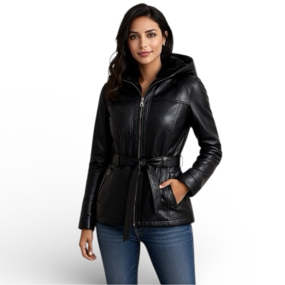Wilsons Leather Jackets & Blazers - Wilson’s Leather Black Vintage Faux Fur Lined Hooded Winter Coat Waist Belt